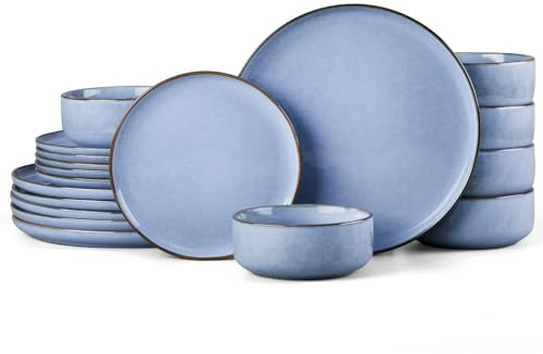 HaWare Dinner Set, 18 Piece Stoneware Dinnerware Service for 6, Reactive Glaze Dining Ware Include Plates and Bowls, Chip and Scratch Resistant, Microwave & Dishwasher Safe, Myosotis Blue