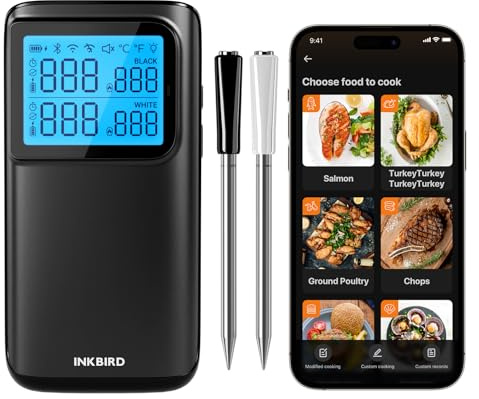 INKBIRD INT-12E-BW Fleischthermometer kabellos, WiFi 5G und Bluetooth 5.4 Grillthermometer, 2 Sonden mit 5 Sensoren Bratenthermometer für BBQ, Grill, Backofen, Küche,Rotisserie Airfryer Ofen
