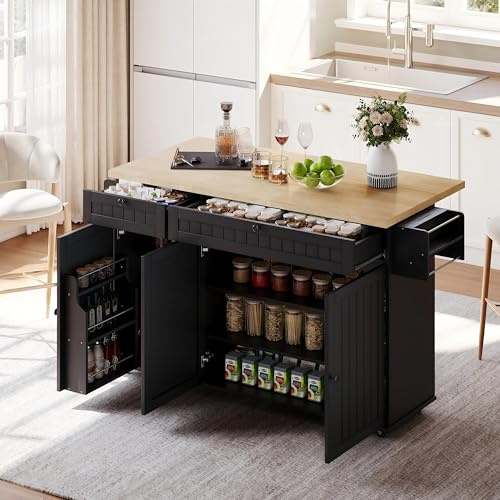 Huayz Isola da cucina autoportante con piano di lavoro pieghevole, carrello da cucina su 6 ruote, con ripiano e 2 cassetti, 3 porte, per sala da pranzo, cucina, 137 x 89,5 x 45 cm