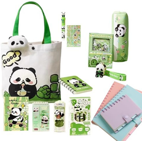 Pappersvarvsset, panda pennväska med brosch och nyckelring, bärbar canvasväska för studenter pojkar flickor skola ryggsäck organisation