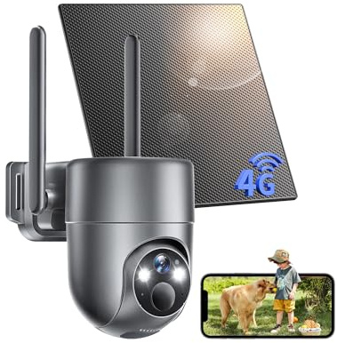 NUASI 4G LTE Telecamera Esterno Solare con SIM Senza Fili, 2K Telecamera con Pannello Solare e Batteria, 360° PTZ, Visione Notturna a Colori, Rilevamento PIR, Audio Bidirezionale, IP66, Senza WiFi