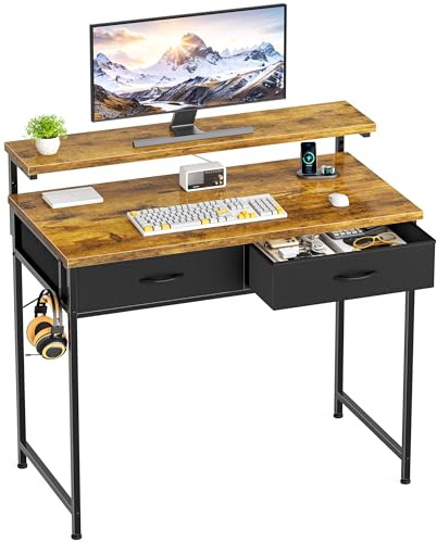 HOMIDEC Computer Desk with 2 Storage Drawers, Gaming Desk with Adjustable Monitor Stand and Headphone Hook, Home Table, Office Desk, Modern Style, for Workers, Gamers and Students, Vintage, 80cm