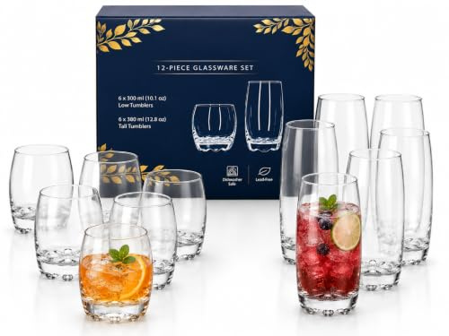 BH | 12-Piece Drinking Glassware Set | 6 x 300ml Low Tumblers | 6 x 380ml Tall Tumblers | Highball Glasses | Lead-Free, Crystal Clear Glass for Water, Juice, Cocktails & Everyday Use - by Best House