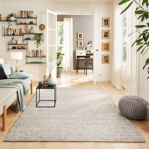 Steffensmeier Handwebteppich Rubi in Grau aus 100% Schurwolle mit Fusselstopp, gewalkt, Ökologisch geprüft, Größe: 200x200 cm