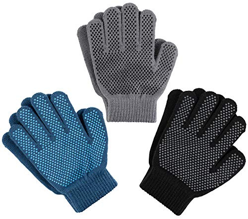 Zelda Matilda Magic Knit Kids Stretch Gloves - Winter Gloves for Kids Extra Strong Grips Packs (Dots - Black, Blue & Gray, 8-14 Years)
