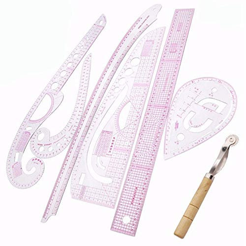 Basage 7Pcs/Set Ruler Tailor Measuring Kit Clear Sewing Drawing Ruler Yardstick Sleeve Arm French Curve Set Cutting Ruler Paddle Wheel