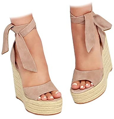 Fashare Womens Espadrilles Wedges Sandals Heels Open Toe Tie Lace Up Platform Ankle Strap Summer Dress Shoes 7.5