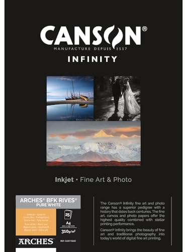 CANSON Infinity ARCHES BFK Rives Pure White - Tirage papier Fine Art ARCHES - Boîte de 25 feuilles A4 - Grain Fin - Blanc pur - 310g/m²