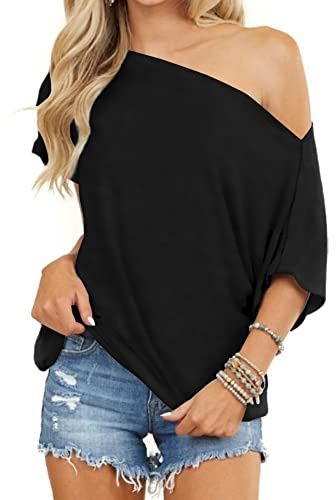 INFITTY Womens Off Shoulder Tops Sexy Summer Loose Batwing Sleeve ShirtBlouse Blouse Black X-Large