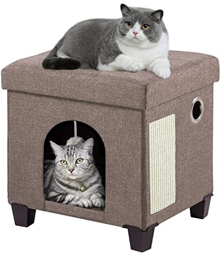 BRIAN & DANY Niche Chat Interieur, Maison Pliable pour Chat, Niche Chat avec Planche à Gratter et Balle pour Chat, 37 x 31,8 x 36 cm, Marron