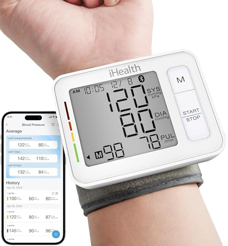 iHealth Push Wrist Blood Pressure Monitor, Bluetooth Smart BP Machine with App, Clinically Validated, Large Digital Display & Travel Case, High Accuracy for Home Use, Cuff Fits 5.5-7.75