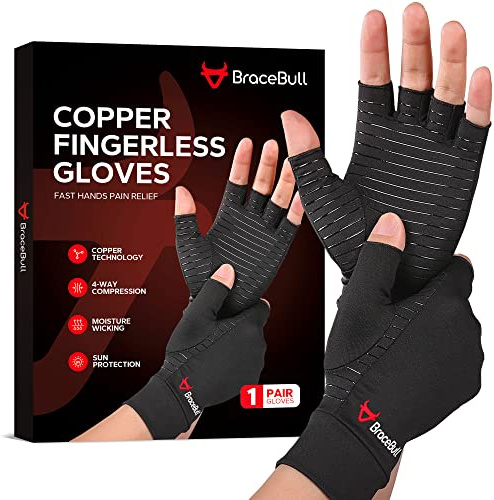 BraceBull Arthritis Gloves (1 Pair), Copper Infused Fingerless Compression Gloves for Relieve Muscle Pain, Carpal Tunnel, RSI, Rheumatoid, Tendonitis for Hands Pain for Women & Men (M, Black)