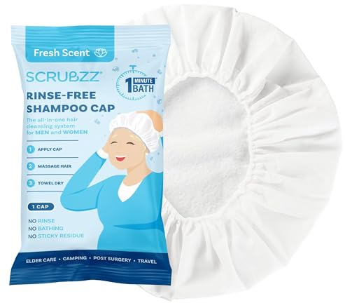 Scrubzz Shampoo-Kappe ohne Ausspülen für ältere und bettlägerige Patienten, spülfreie Shampoo-Kappe für postoperative und Krankenhausaufenthalte, wasserlose Haarwasch-Duschhauben – Kokosnuss-Vanille