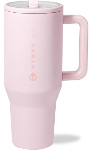 HydroJug Traveler - 40 oz Water Bottle with Handle & Flip Straw - Fits in Cup Holder, Leak Resistant Tumbler-Reusable Insulated Stainless Steel & Rubber Base - Gifts for Women & Men, Pink Sand