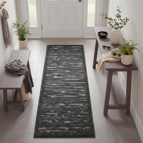 TESSO LIVING Tappeto Soggiorno a pelo alto - 80cm x 220cm - unicolore Grigio - Motivo a linee alte e basse - Effetto 3D - Tappeto shaggy per camera da letto, Boho, Scandi