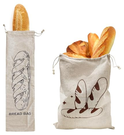 Sac a Pain Tissu pour Cuisine, Réutilisable Sac a Pain Longue Conservation Grand Sac à Pain Conservation Linen Bread Bag pour le Stockage des Aliments 2pcs (B)