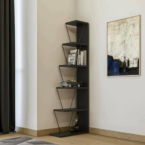 Dmora - Libreria Mizar, Scaffale da ufficio, Mobile portalibri, Biblioteca, 50x22h150 cm, Antracite e Nero