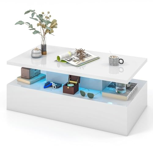 COSTWAY LED-Soffbord Med Högglans - Justerbar Ljusfärg Och Ljusstyrka, Fjärrkontroll, 2-Stegs Vardagsrumsbord, Rektangulärt, Vitt, 110 x 60 x 40 cm