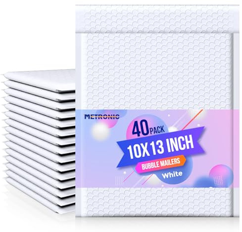 Metronic Bubble Mailer 10x13 White 40 Pack, Poly Padded Envelopes Waterproof Shipping Bags for Clothing, Self Seal Cushioning Mailers for Shipping Books, Jewelry, Makeup Supplies