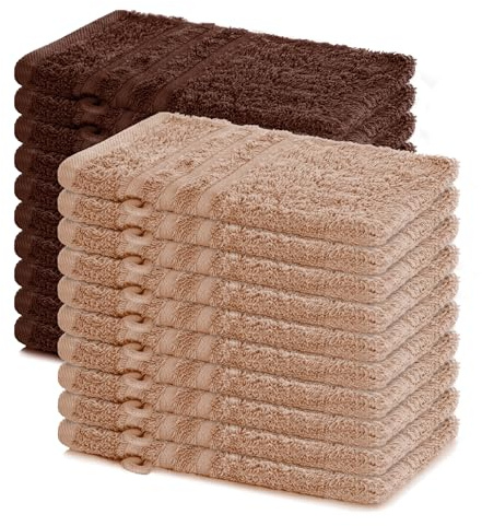 Lavea® Lot de 20 Gants de Toilette 15x21 cm en Éponge 100% Coton – Doux et Absorbants – Maison, Hôtel, Spa, Invités, Bébé – Serviette Visage/Essuie-Main – Cappuccino et Marron Café