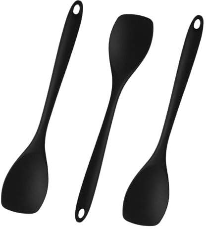 3 Pezzi Lunghezza 27,5 cm Nero Cucchiaio da Cucina in Silicone Resistente al Calore, deale per Padelle con Rivestimento Antiaderente, Ergonomico, Facile da Pulire e Lavabile in Lavastoviglie