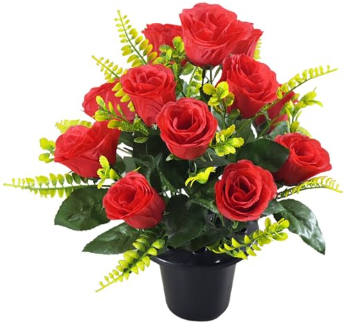 Muzrunq Flores de Cementerio en macetas de Rosas con Cabezales de Flores de Tela de Seda, Artificiales Rosas con Planta en Maceta de bajo Mantenimiento para tumbas, Cementerio y Funeral.