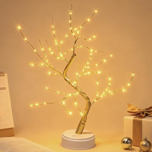 Kinamy LED Albero Lampada da Tavolo Operata a Batteria e USB Alimentatore Plug-in Luce Alberi Rame Decorativo Regolabile Rami Luci Lampada da Scrivania Luce Notturna 120 LUCI