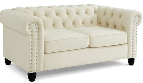 Home Detail Chesterfield Sofa Velvet Upholstered Couch in 2 Seater or 3 Seater Fabric Sofa in Grey, Blue, Black, Green, Gold (Cream, 2 Seater)
