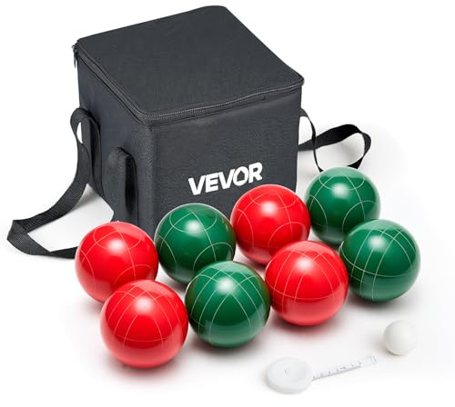 VEVOR Bocce Ball Set, 107 mm, with 8 Resin Balls, Pallino, Carrying Bag and Measuring Rope, Red and Green 2 Colors, for 2 to 8 Players, Bocce Ball Game Set for Beach, Lawn, Family Backyard, Outdoor