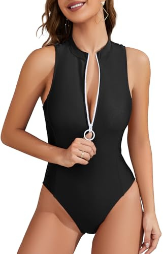 SHEKINI Womens Zipper Sporty One Piece Swimsuit Racerback High Neck High Cut Rash Guard Sleeveless Tummy Control Swimwear(Black,XS)