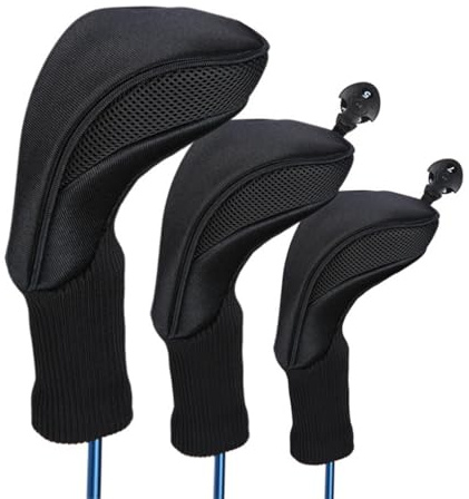 AMSLSIU 3 Piezas de Cubierta de Palo Golf, Etiqueta número Putter, Cubiertas Cabeza Cuello Largo, Protector Viaje portátil, Manga protección Golf, Negro