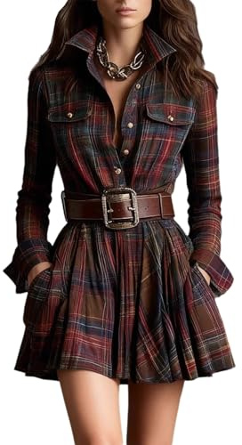 XUSAI Rosso,L,Abito da Donna a Camicia Scozzese a Maniche Lunghe, Abito Midi Vintage dalla vestibilità Ampia, con Cintura