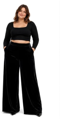 REAL LIFE FASHION LTD. Pantalones de mujer de terciopelo de velour con bolsillos, de pierna ancha y acampanados Palazzo#(Pantalón de terciopelo de velour de pierna ancha negro#UK 20-22#Mujer)
