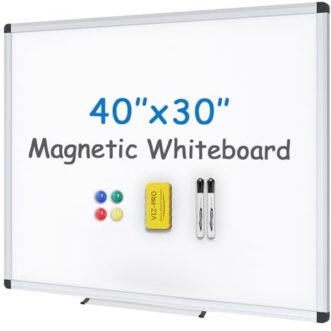 VIZ-PRO Magnetic Whiteboard for Wall 100 x 80 cm, Dry Erase White Board with 2 Markers, Pen Tray & Silver Aluminium Frame, Writing Board for School Office Home