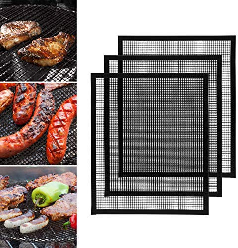 GWHOLE 3 Piezas Estera de Malla para Parrilla de Barbacoa Alfombrillas Barbacoa Malla Antiadherente BBQ Estera Rejilla Cortable Reutilizables para Asar Horno, 40 x 33 cm