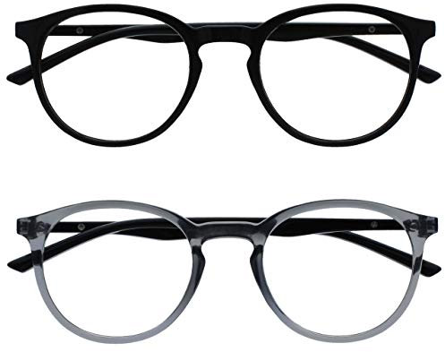 OPULIZE Met Lunettes de Lecture Pack de 2 Montures Rondes et Mincess Charnières à Ressort Anti-Rayures Noir Gris Transparente Hommes Femmes RR60-17 +2.00