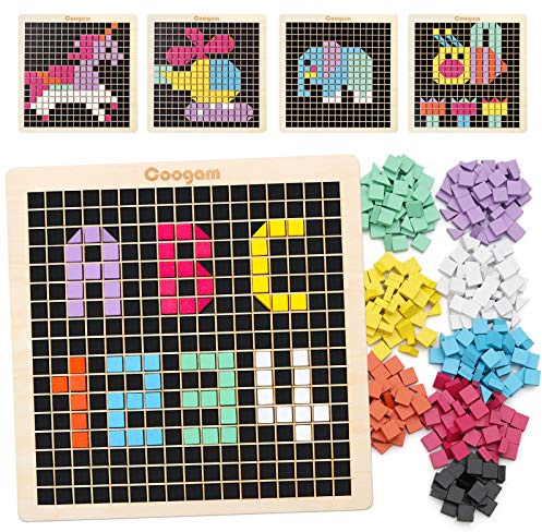 Coogam 370PCS Wooden Pattern Puzzle, Shape Mosaic Blocks with 8 Colors, Pixel Board Game STEM Toys Gift for Baby Kids Boys Girls Ages 4 5 6 7 Years Old