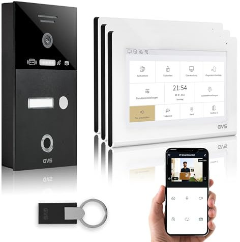 GVS - IP Video Türsprechanlage mit Türöffner, Fingerprint & RFID, HD Kamera, 3X 7 Zoll Monitor & App - Smarte Video Türklingel mit Kamera & Gegensprechanlage für 1 Familienhaus (AVS4481A)