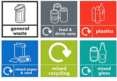 Complete Set of 6 WRAP Recycling Stickers for Your Bins - 6X 120mm x 120mm Self Adhesive Stickers