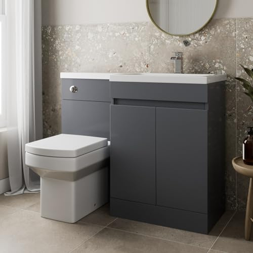 Artis® Centro 1100mm Combination Vanity Unit Furniture Set, Wash Basin Bathroom Sink, BTW Toilet WC Pan & Soft Close Seat, L Shaped Storage Cabinet, Right Hand, Grey Gloss