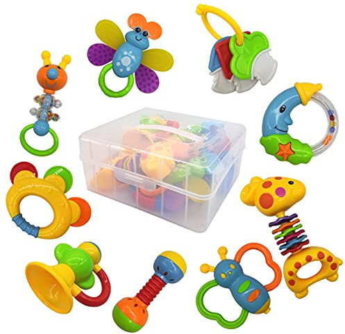 fiouni Baby Rassel Beißring Spielzeug Set Babys Erste Rasseln Babys Erstes Spielzeug Geschenkset für Säuglinge Neugeborenes Baby Jungen Mädchen 3 6 9 Monate 11 Stück (Blau)