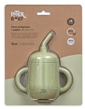 Interbaby - Vaso Aprendizaje Bebe Antigoteo | Vaso Antiderrame Bebe Silicona, Dos Asas, +6 Meses | Vaso con Pajita Niños, Cómodo, Evolutivo, Sin BPA | Verde Oliva
