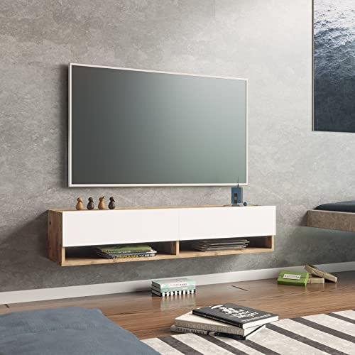 [en.casa] Consolle da Parete (AxLxP) 29,5 x 140 x 31,5 cm con 2 Ante e Scomparti Armadio a Muro con Apertura a Ribalta Mobile Porta TV - Rovere Rustico/Bianco