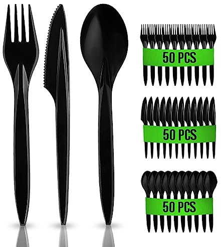 RAGO® Wiederverwendbaren Plastikbesteck Set 150 Stück BPA Frei I 50 Plastikgabeln I 50 Plastikmesser I 50 Plastiklöffel I Robust I Mehrweg I Perfekt für Outdoor Dinner und Partys I Schwarz