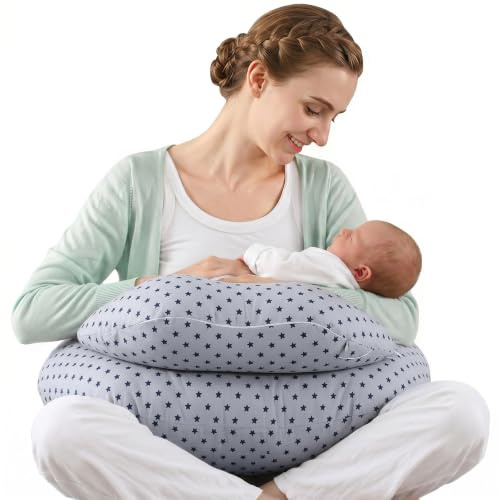 SHANNA Cojin Lactancia Bebe y Almohada Embarazada Dormir XXL Multifuncion Funda Cojin 100% Algodon Incluye Funda Extraíble y Lavable y Soporte de Correa de Cintura Ajustable (Estrellas Gris Blancas)