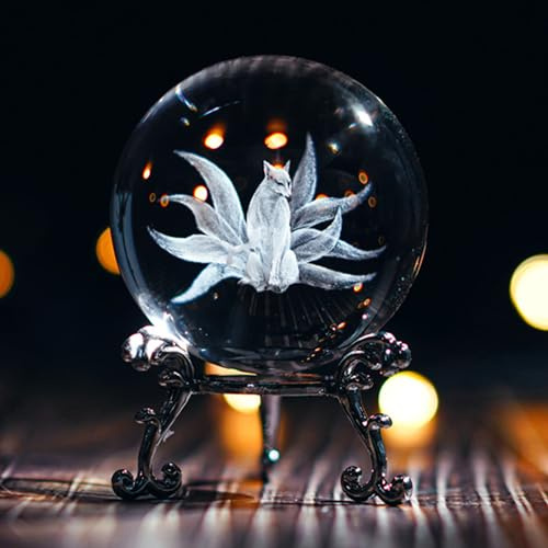 3D Crystal Ball with Stand - 60mm Laser Carved Nine-Tailed Fox Figurines