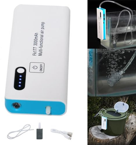 DAZZLEEX Pompe à air aérateur de pêche, alimenté par batterie, 3000 mAh, silencieux pour moto, clip réglable, chargement USB de la batterie au lithium, comprend une pierre à air et un tuyau flexible