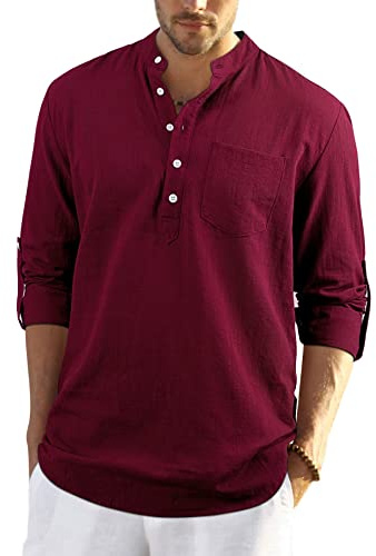 Enlision Mens Burgundy Cotton Linen Shirts Long Sleeve Shirt Button Down Henley Shirts Lightweight Casual Plain Tops for Men 5XL