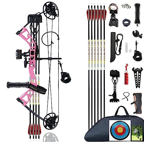 PANDARUS Compound Bow Set 10-40lbs for Pull Child Right Hand Lightweight Design Bow Adjustable 16~28 Draw Length IBO 290fps New 2024 Professional Set (Pink Right Handed Bag Pro)
