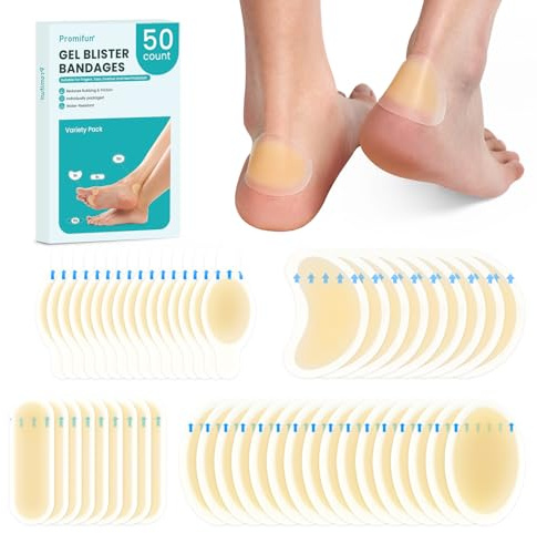 50 Pieces Blister Plasters for Feet - Promifun(Mixed Size) Hydrocolloid Plasters - Water Resistant Hydrocolloid Bandages for Foot,Heel - Gel Blister Bandages for Prevention & Recovery, Variety Pack